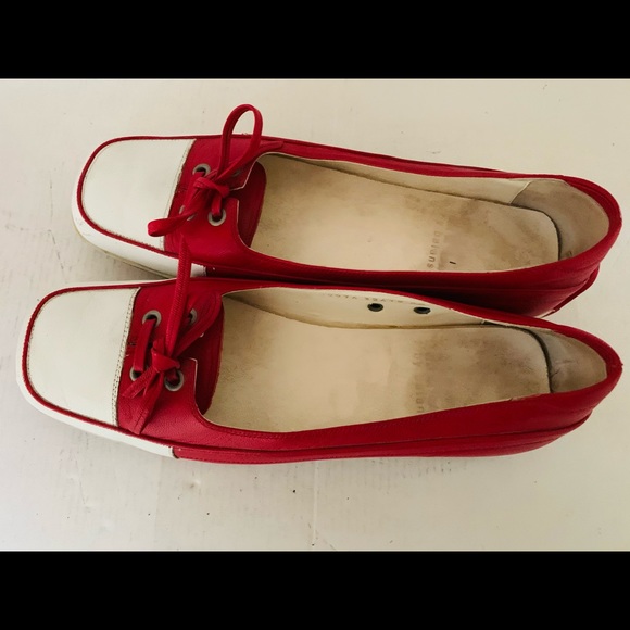 Red real leather comfortable no-slip walking shoes white cap toe cute tie bow 40 - Picture 3 of 10